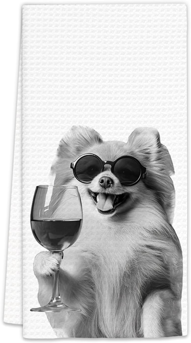 FIicy Pomeranian Gifts Wine Dog Kitchen Towels, Gifts for Pomeranian Dog Wine Lovers Decorative Hand Dish Towel for Kitchen Home Bar, Funny PomeranianDog WineLover Home Bar Kitchens Decor(16x24 Inch) - Image 1
